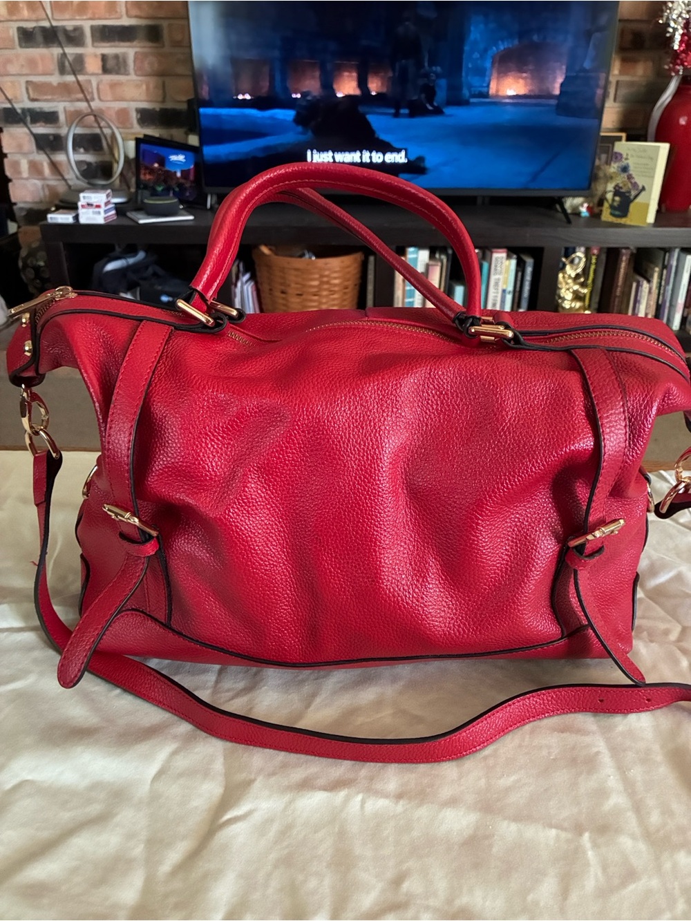 Ora Delphine Red Leather Satchel Handbag w/ Goal accents